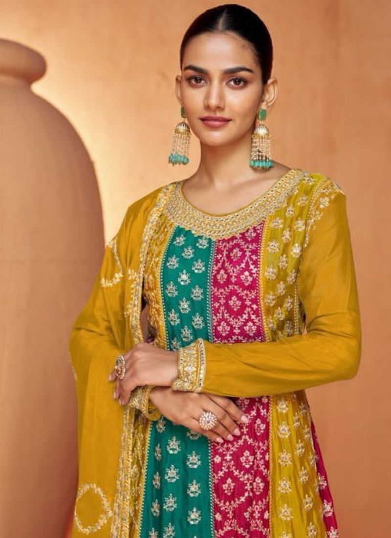 Exquisite Chinon Sharara suit with embroidered dupatta in yellow