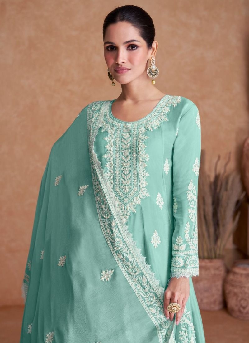 Beautiful chinon sharara suit with heavy embroidery in sky blue