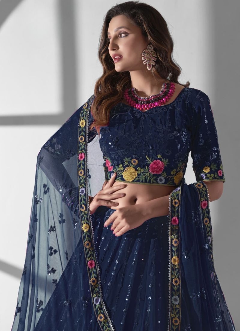 Beautiful multi-embroidered georgette lehenga in royal blue