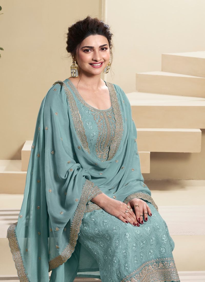 Stunning embroidered kurta pant suit with designer dupatta in blue