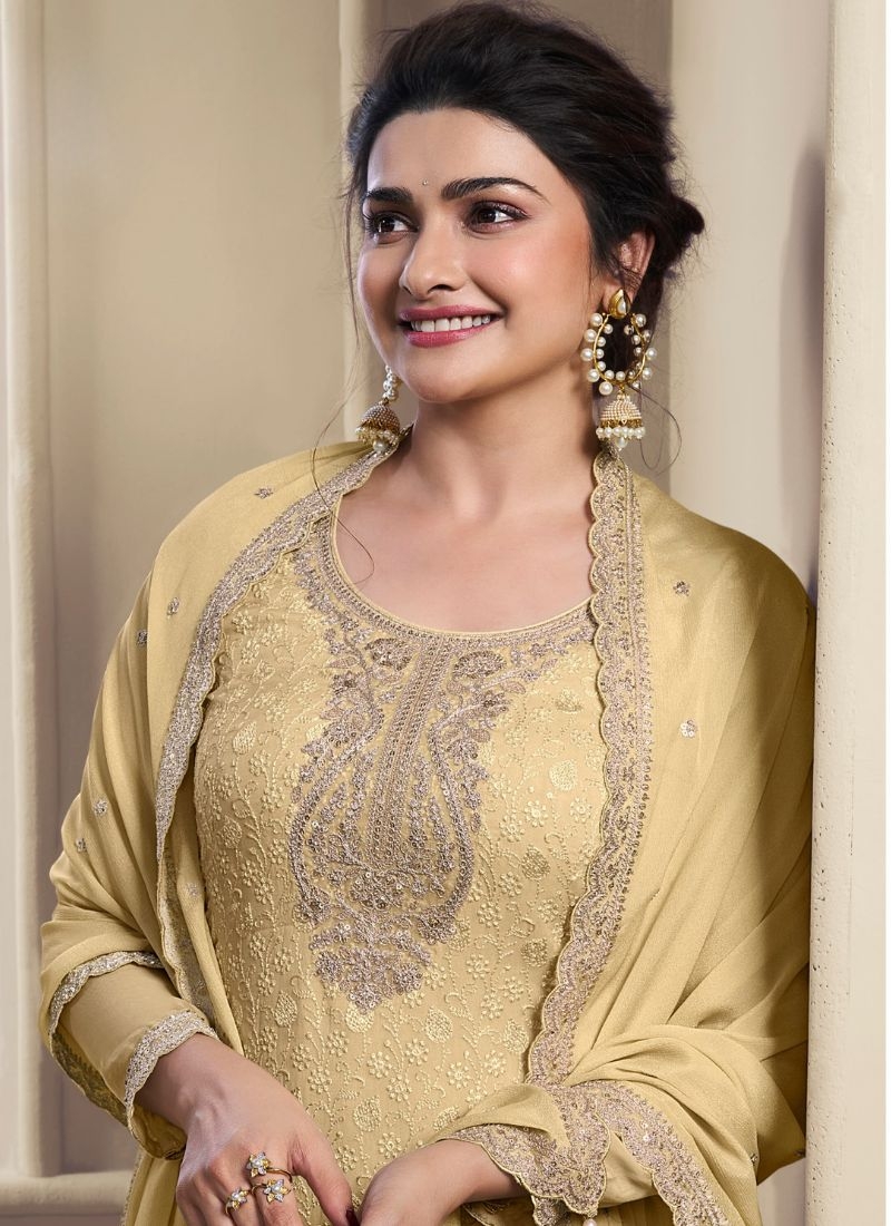 Stunning embroidered kurta pant suit with designer dupatta in light yellow