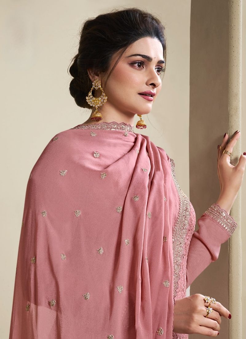 Stunning embroidered kurta pant suit with designer dupatta in peach