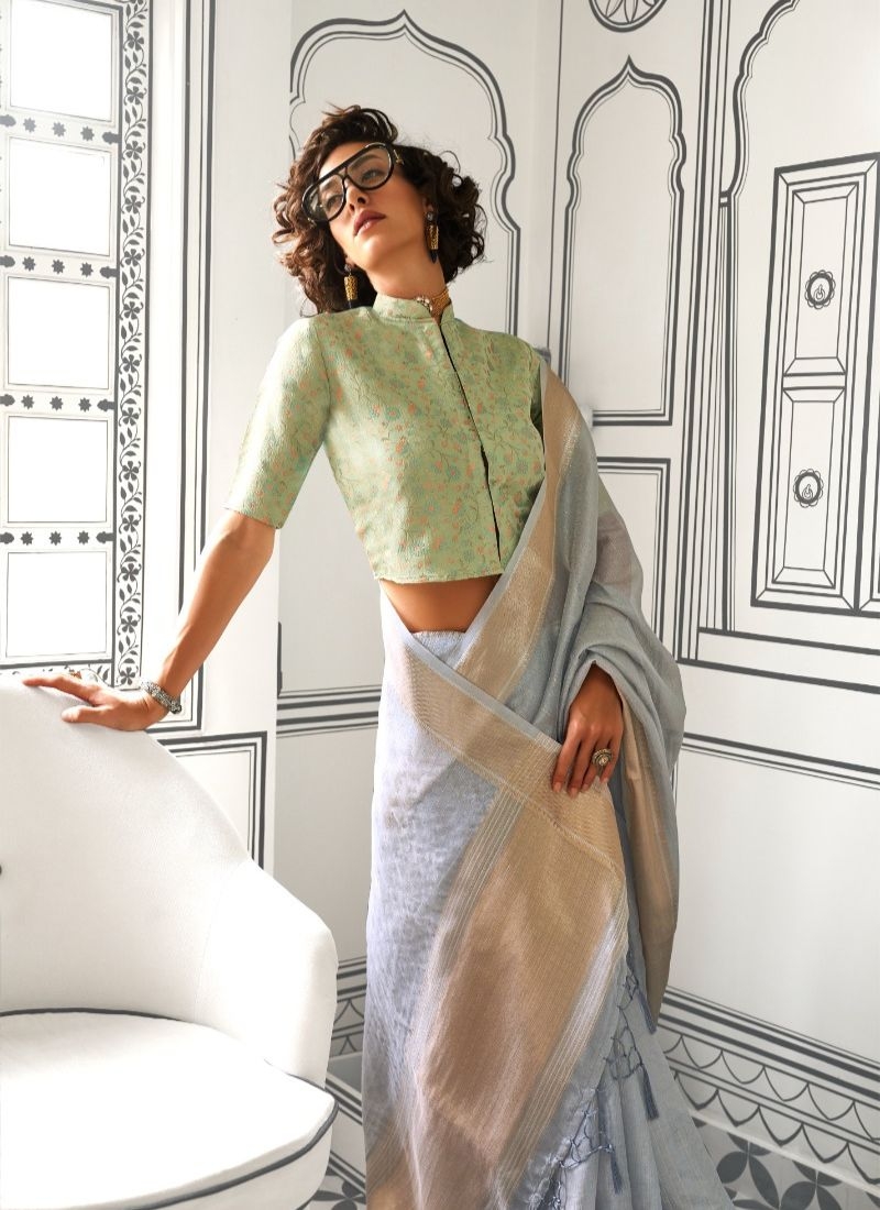 Designer zari lining border chiffon saree  in grey