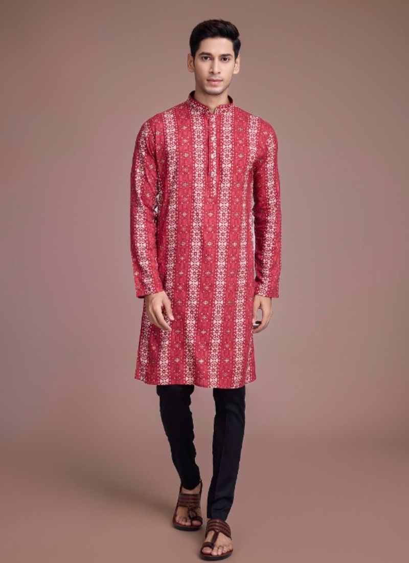 New cotton Kurta pajama with foil printing in red