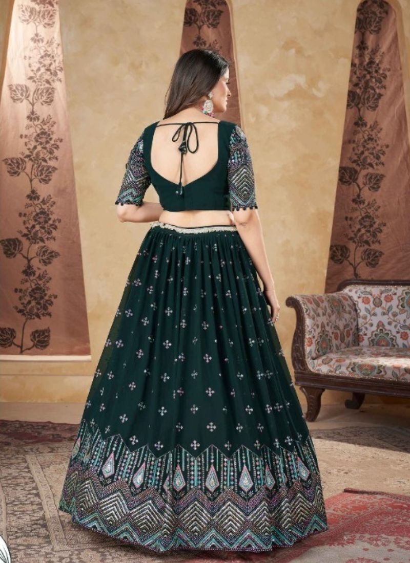 Designer georgette embroidered lehenga choli in dark green