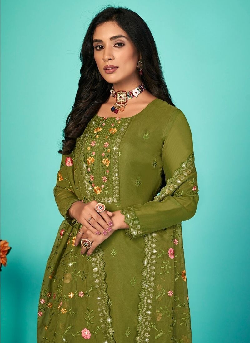 Stunning heavy embroidered georgette palazzo suit in mehandi green