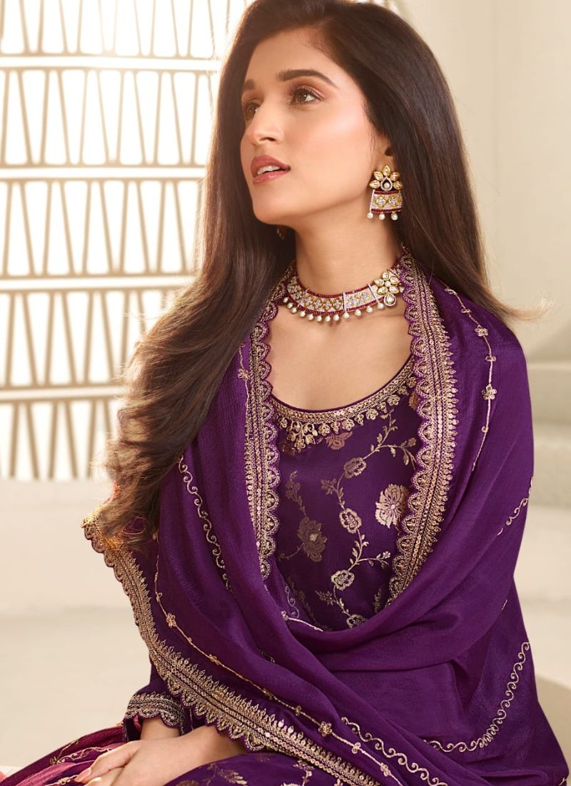 Beautiful embroidered Chinon sharara suit  in dark purple