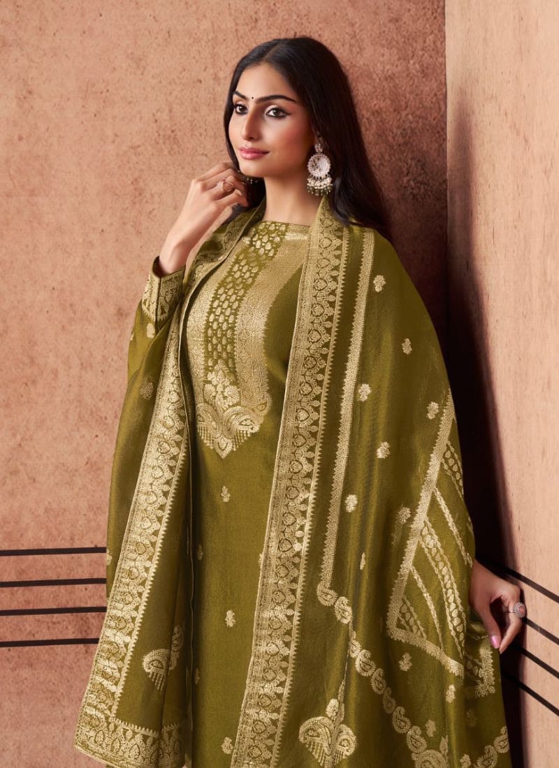 Designer resham embroidery pant suit  in mehandi green