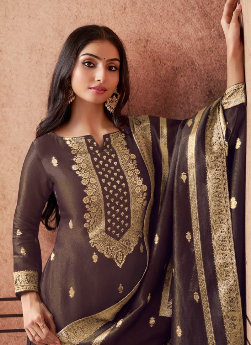 Designer resham embroidery pant suit  in dark brown