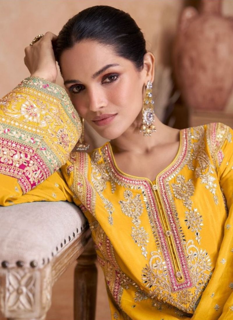 Premium embroidered chinon palazzo suit in yellow