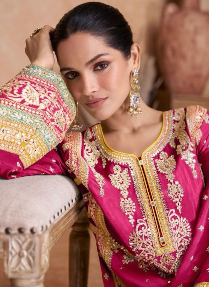 Premium embroidered chinon palazzo suit in pink