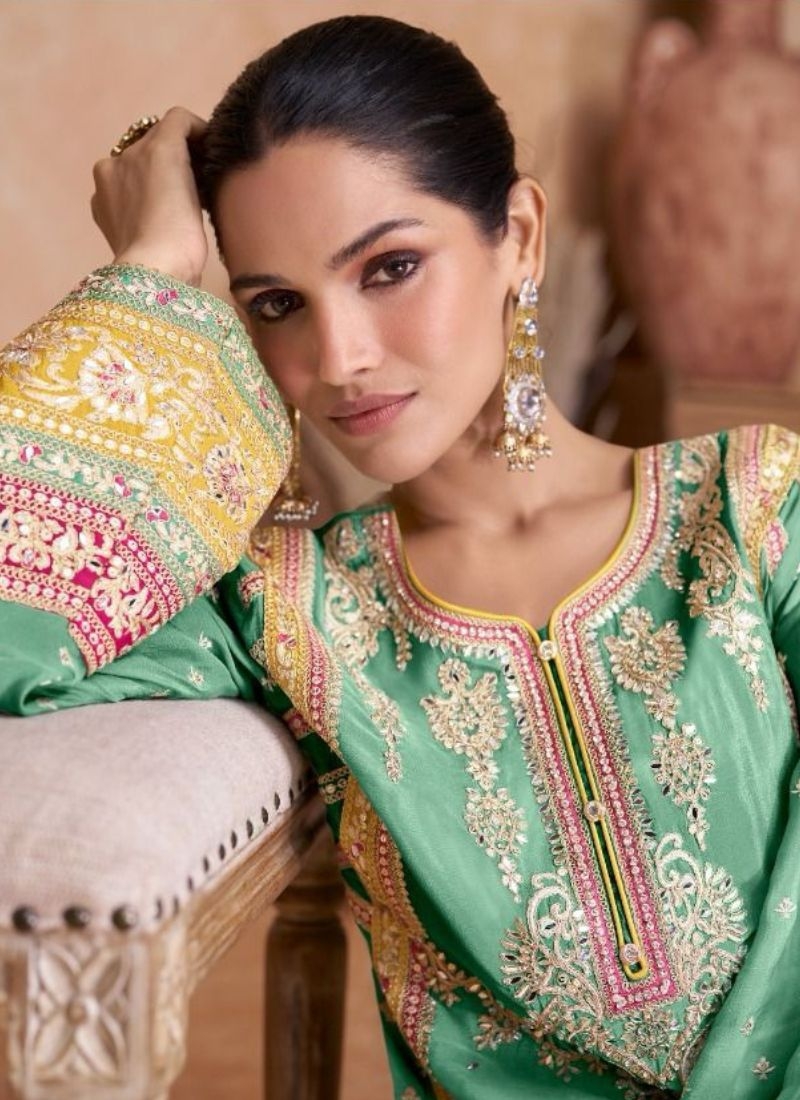 Premium embroidered chinon palazzo suit in green