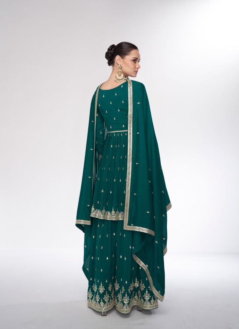 Trendy thread embroidered sharara suit in dark green