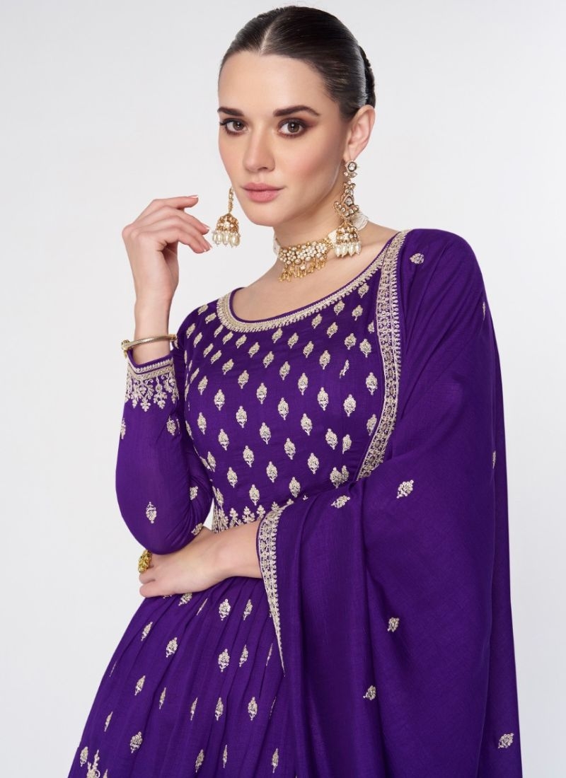 Trendy thread embroidered sharara suit in dark purple