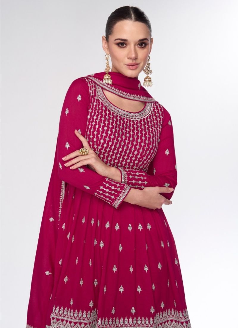 Trendy thread embroidered sharara suit in dark pink