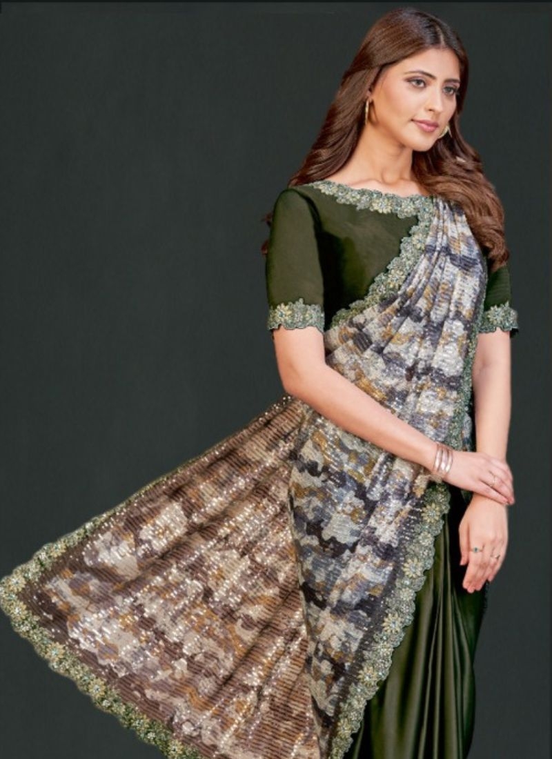 Designer embroidered silk saree in dark  green