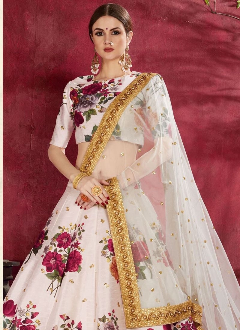 Gorgeous floral printed banglory silk lehenga choli in white