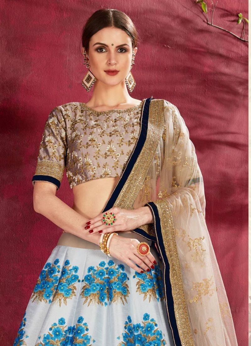 Gorgeous floral printed banglory silk lehenga choli in sky blue