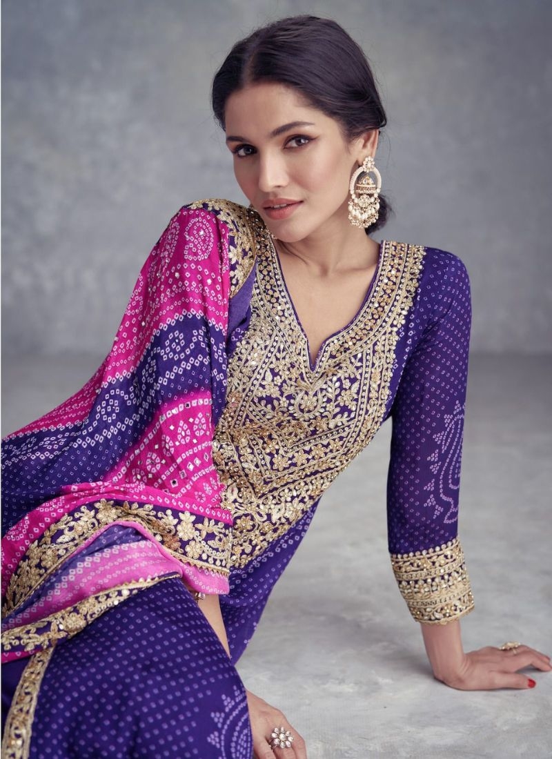 Stunning embroidered palazzo suit with printed dupatta in purple