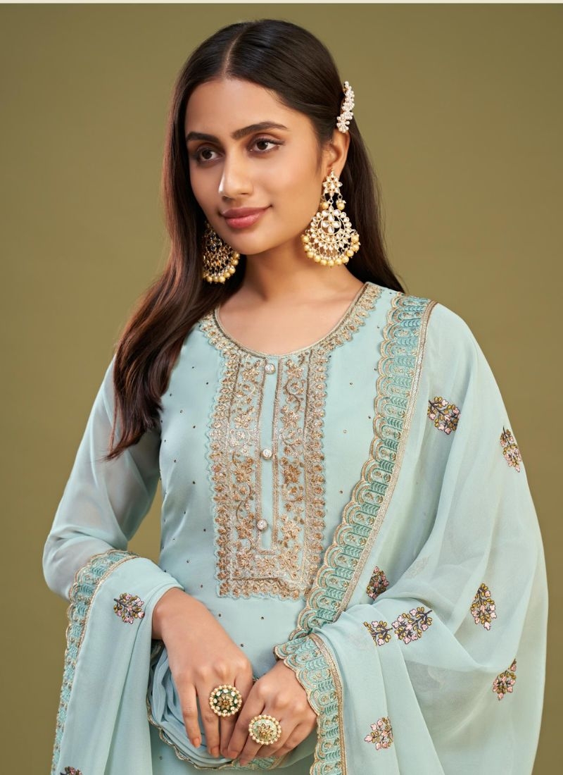 Designer georgette embroidered pant suit in sky blue