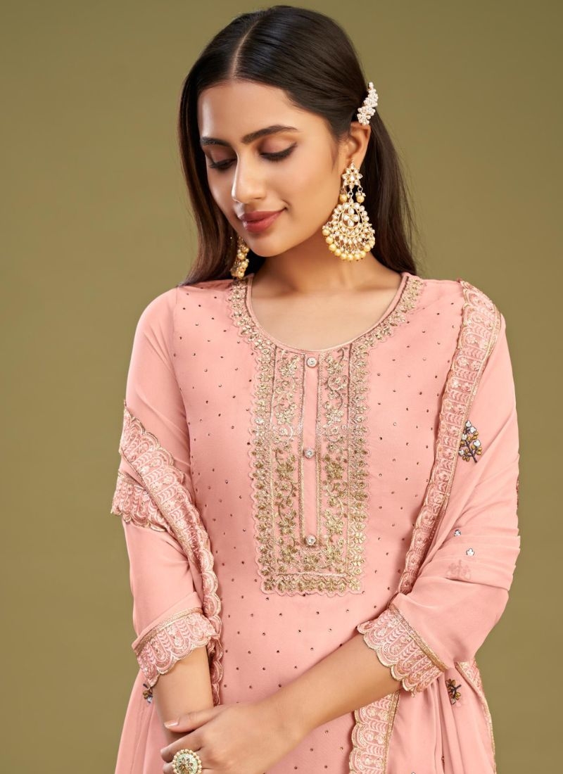 Designer georgette embroidered pant suit in peach