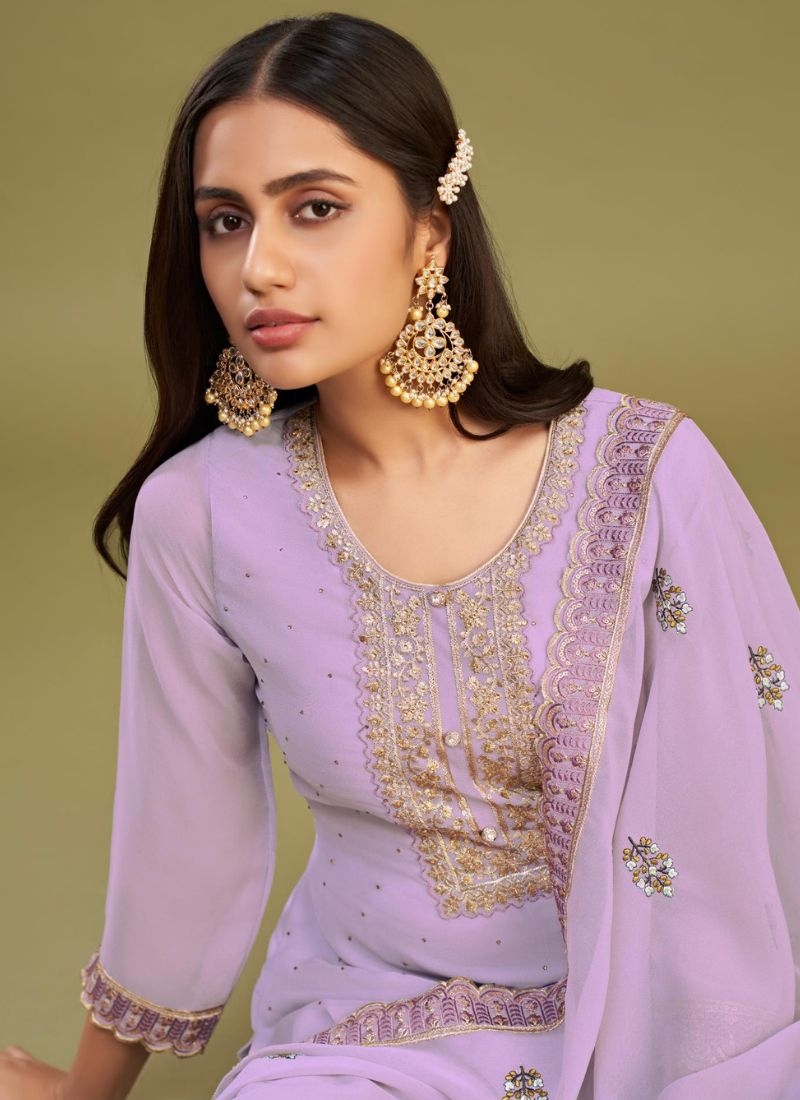 Designer georgette embroidered pant suit in purple