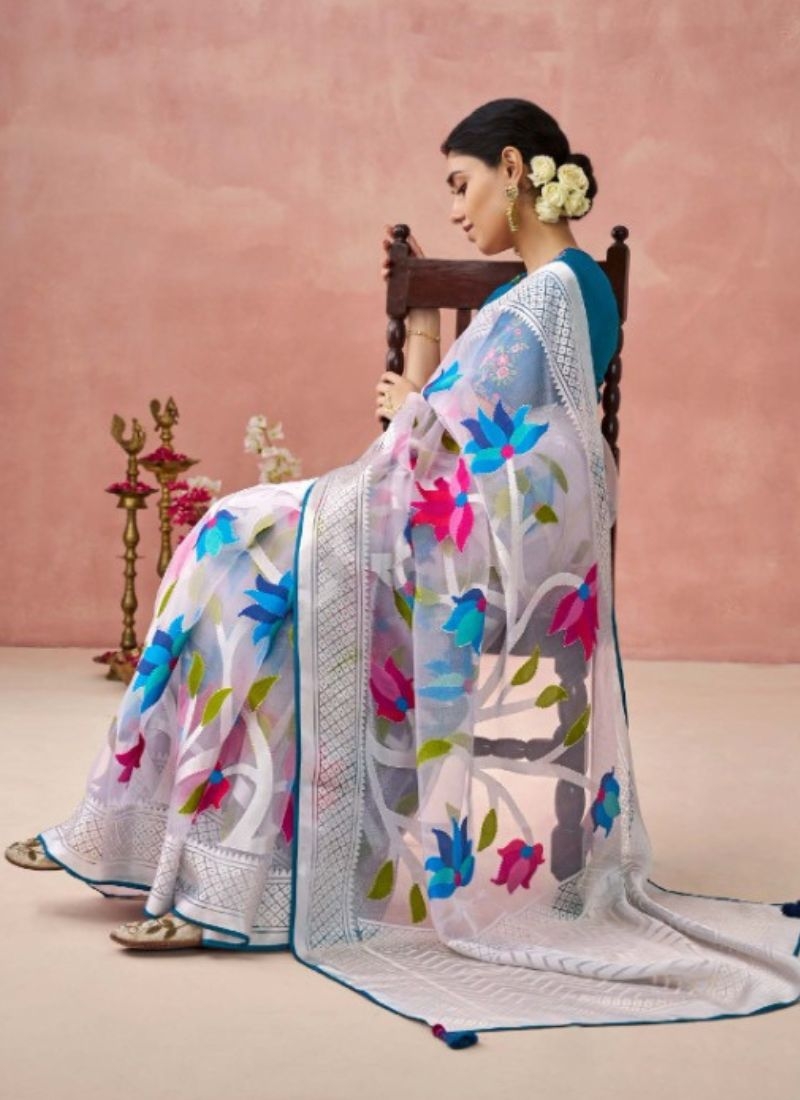 Beautiful digital printing organza saree  in sky blue