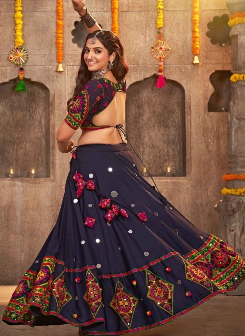 Embroidered viscose rayon lehenga choli & dupatta in dark blue