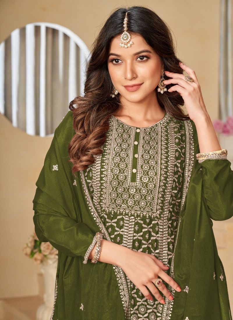 Designer embroidered chinon sharara suit & dupatta in dark green