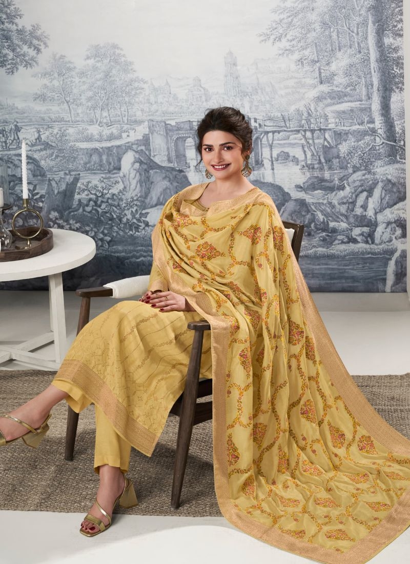 Trendy jacquard printed pant suit & dupatta in yellow