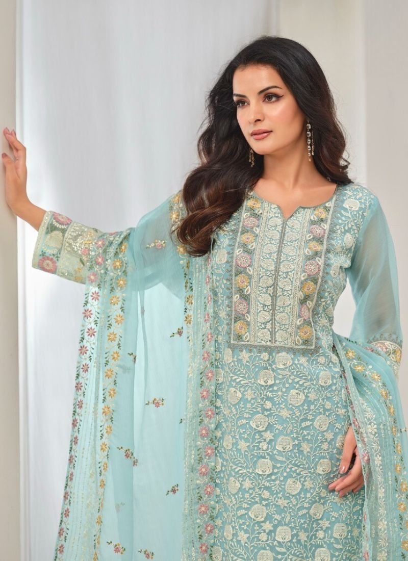 Gorgeous embroidered organza pantsuit in sky blue