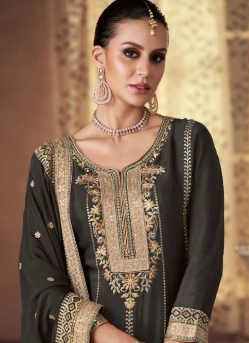 Traditional embroidered wedding palazzo suit & dupatta in Brown