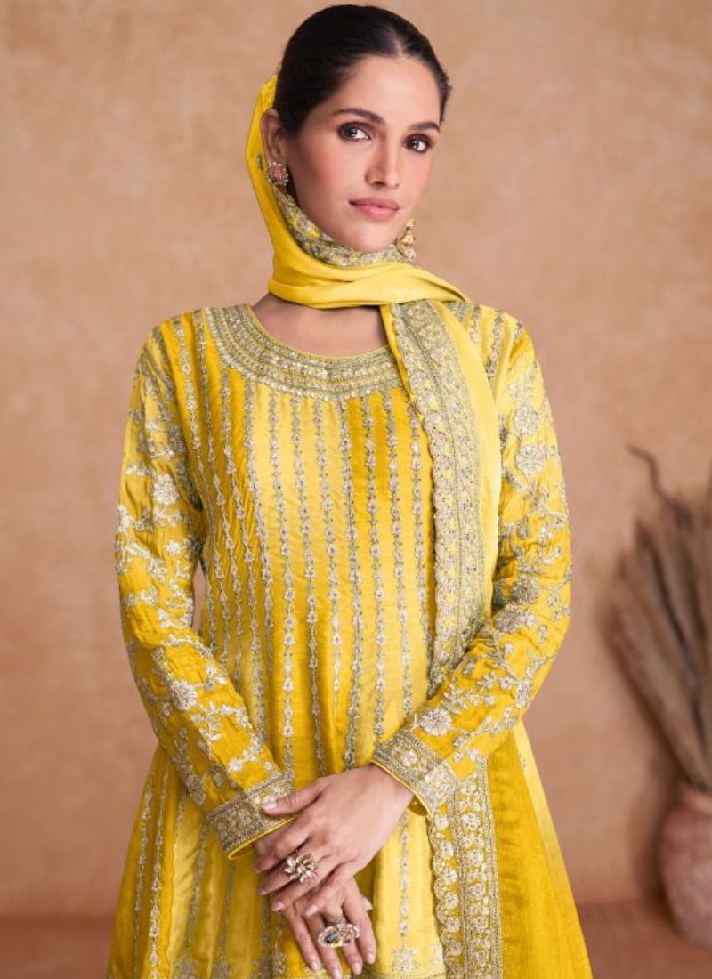 Stunning embroidered sharara suit & dupatta in yellow