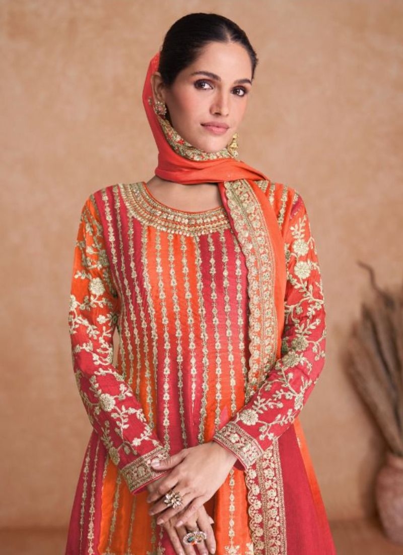 Stunning embroidered sharara suit & dupatta in orange