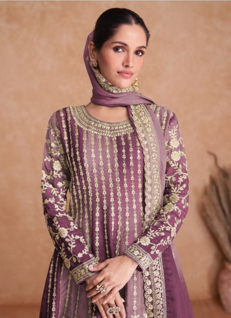 Stunning embroidered sharara suit & dupatta in purple