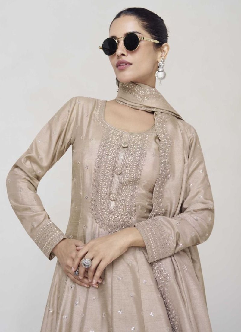 Premium embroidered silk anarkali suit in beige