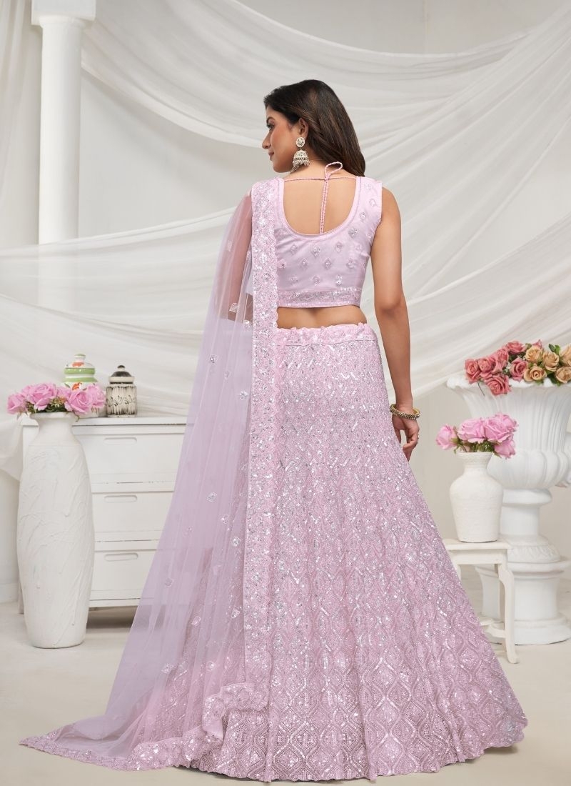 Exquisite Diamond Pattern Stone & Cut Daana Embroidered Bridal Lehenga in light purple