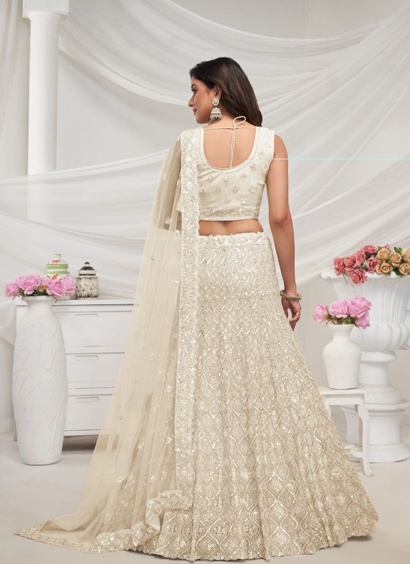 Exquisite Diamond Pattern Stone & Cut Daana Embroidered Bridal Lehenga in white