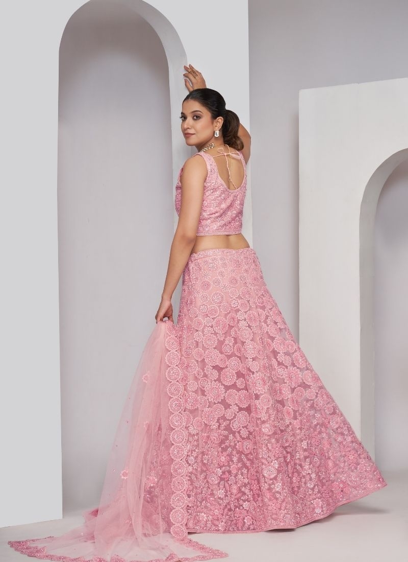 Girlish floral pattern thread and sequins work elegant lehenga in pink