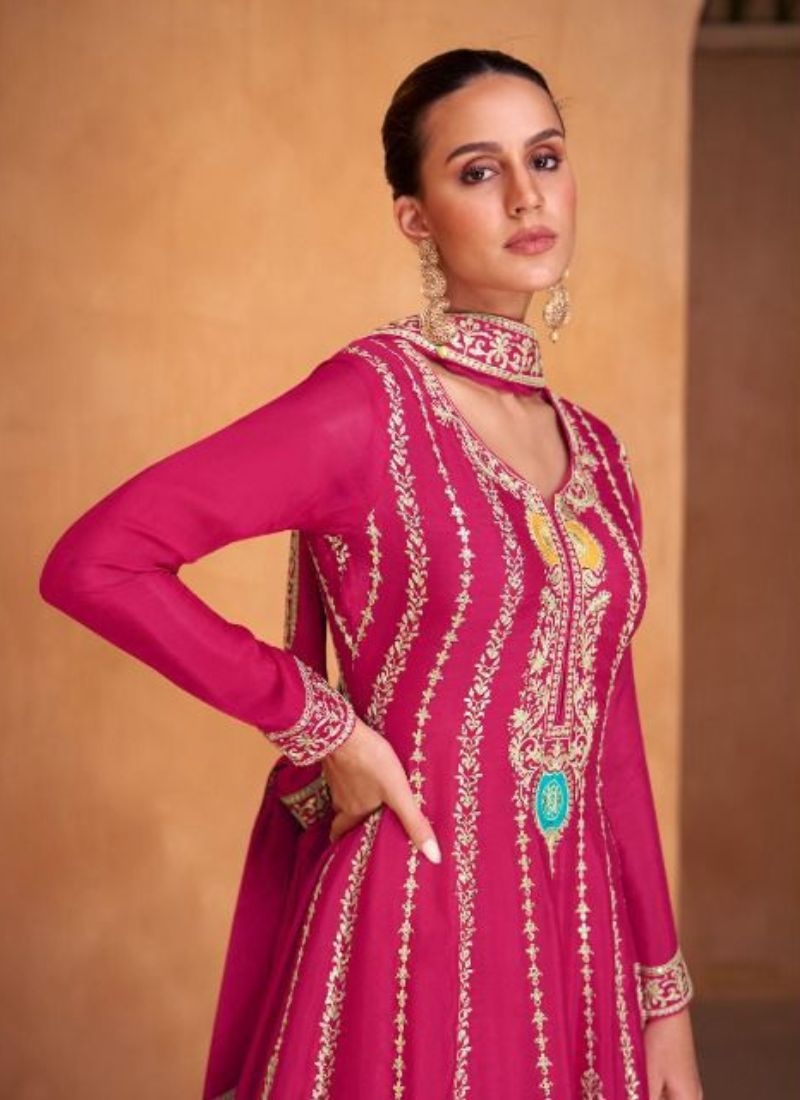 Gorgeous floral thread embroidered chinon salwar suit in pink