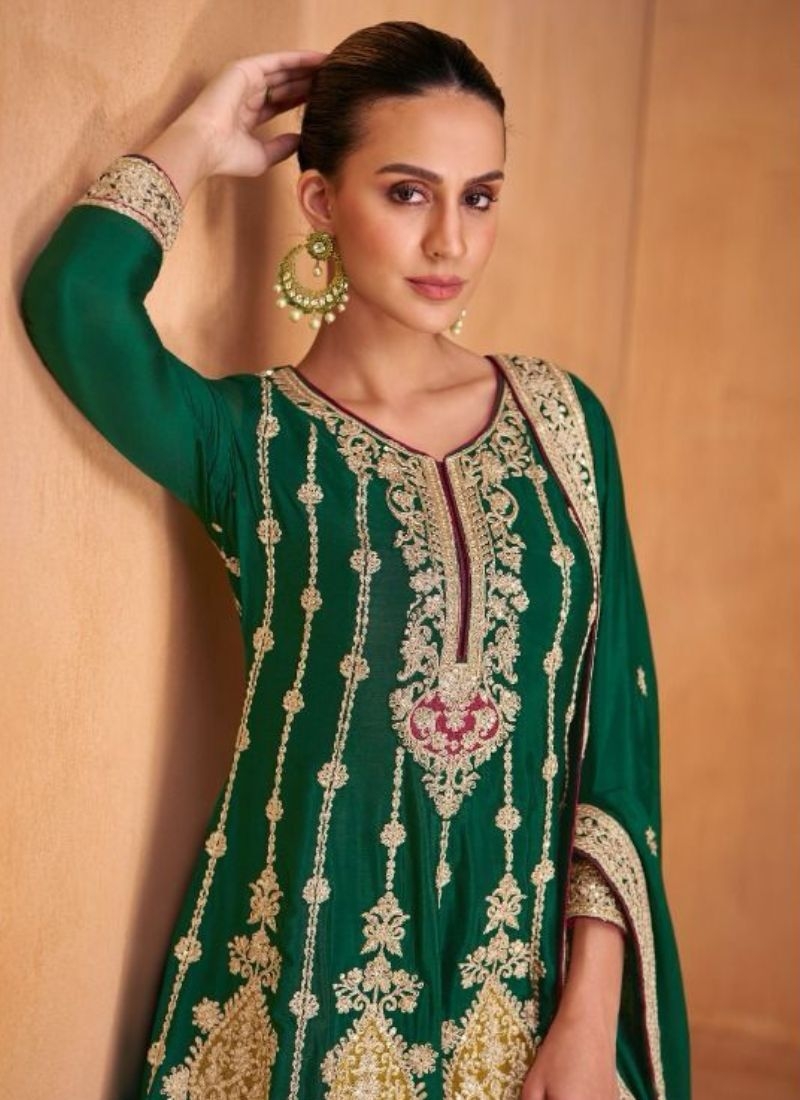 Gorgeous floral thread embroidered chinon salwar suit in dark green