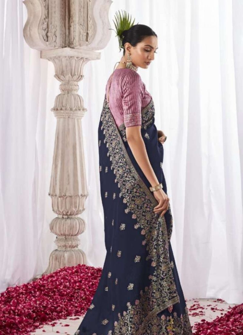 Designer meenakari work silk saree in navy blue