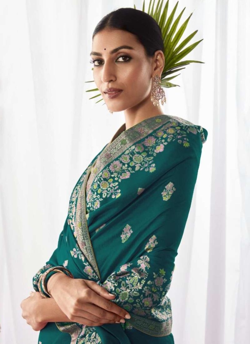 Designer meenakari work silk saree in dark green