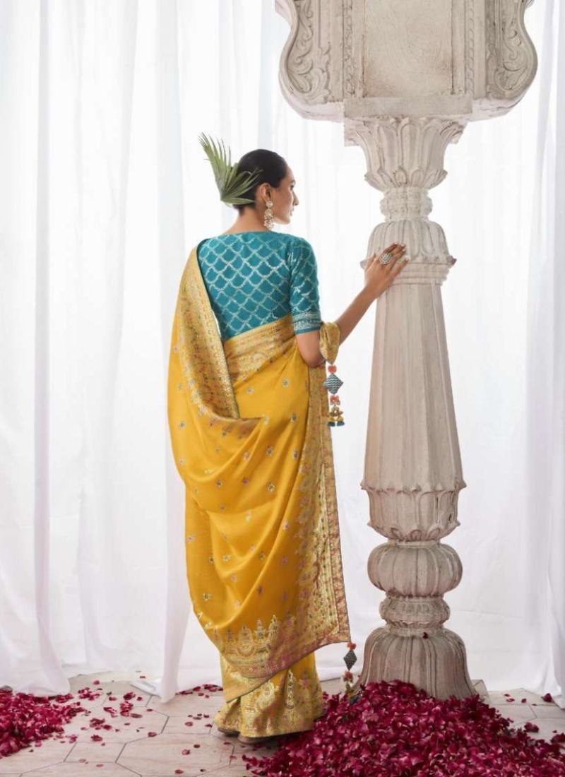 Designer meenakari work silk saree in yellow