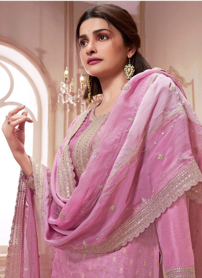 Designer organza pantsuit with silk dupatta in light purple