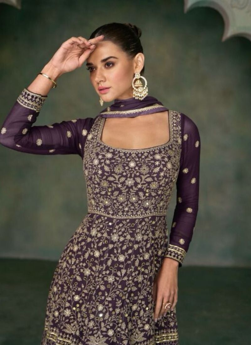 Gorgeous embroidered georgette anarkali suit in violet