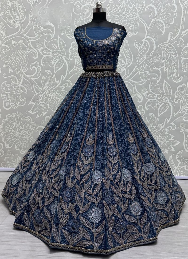 Heavy embroidered bridal lehenga in net with designer net dupatta  in blue