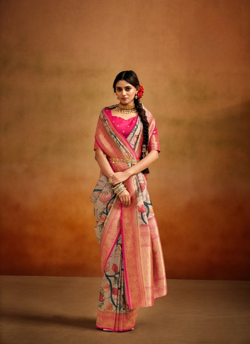 Latest soft handloom silk saree with floral printing in baby pink