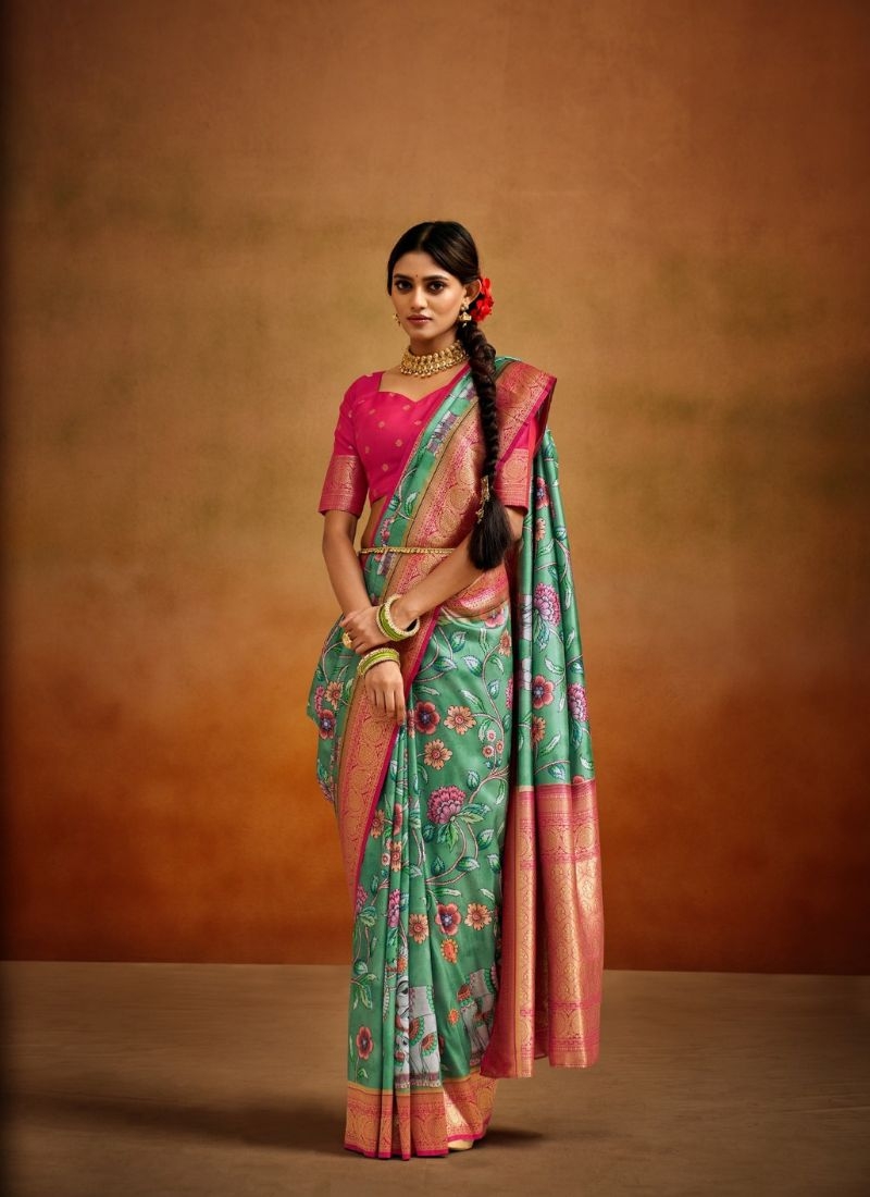 Latest soft handloom silk saree with floral printing in dark green