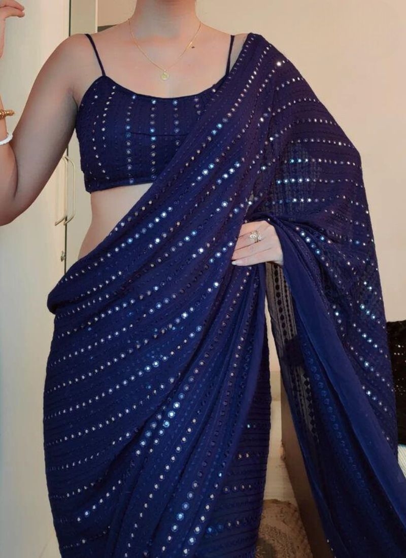 Stunning embroidered georgette saree in navy blue